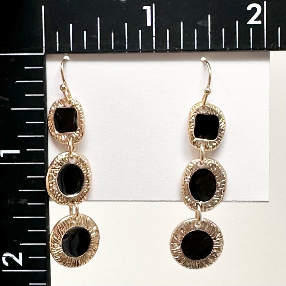 Vera Bradley Black Enamel Gold Tone Abstract Disk Dangle Earrings - Picture 3 of 3